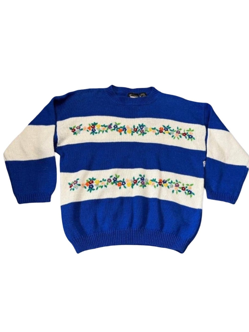 Vintage 80s Floral Embroidered Ramie Cotton Sweater NWT Blue White Rugby Stripe